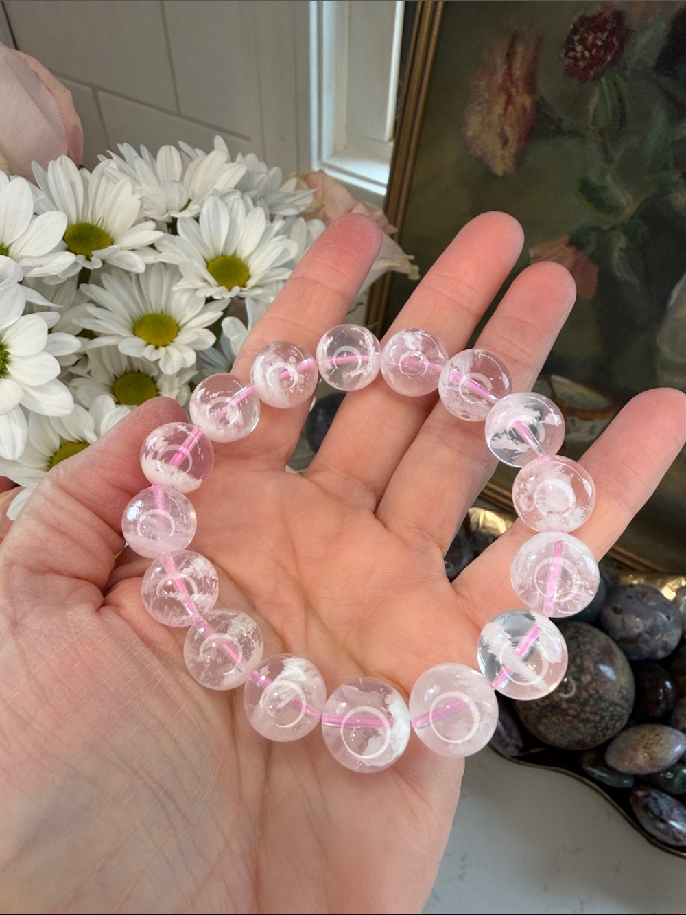 HQ Snowflake Rose Quartz Bracelet: B1253